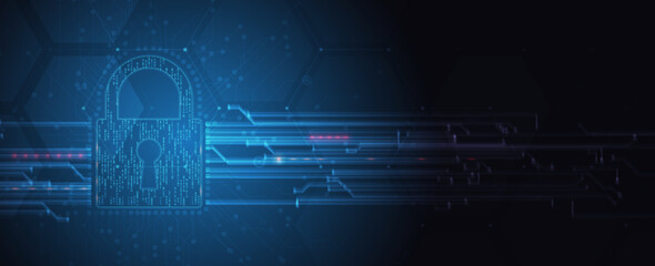 internet digital security technology concept for business background. Lock on circuit board