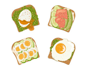 Set of sandwiches. Breakfast, sandwich with egg, avocado, cucumbers and red fish