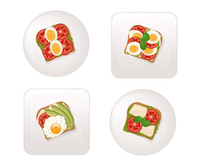 Set of sandwiches. Breakfast, sandwich with egg, cheese, avocado, cucumber, tomato and basil on a plate
