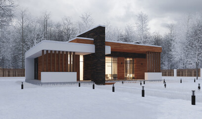 3D visualization of a modern villa with a large plot. Individual residential building. Modern architecture