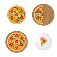 Pizza set on a board and a plate with mushrooms, tomatoes, olives, peppers and basil