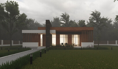 Obraz premium 3D visualization of a modern villa with a large plot. Individual residential building. Modern architecture