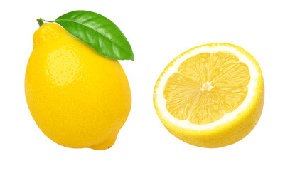 lemon fruit with leaves and half isolated on white background, Fresh and Juicy Lemon, set