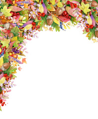 Autumnal colorful leaves border,  isolated on white.  Watercolor illustration.