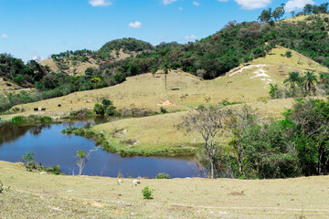 Fototapeta na wymiar Linda paisagem de verão em fazenda, com muita vegetação, lindo lago ao fundo, em meio a montes, no bairro Jardim das Oliveiras, Esmeraldas, Minas Gerais, Brasil.