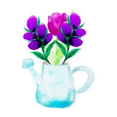 Watercolor garden watering can with flowers bouquet, springtime symbol. Vector