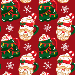 Christmas cups in the shape of a Santa Claus and christmas tree. Cute print. Seamless pattern. Vector.