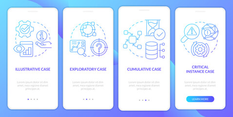 Types of case study blue gradient onboarding mobile app screen. Methods walkthrough 4 steps graphic instructions with linear concepts. UI, UX, GUI template. Myriad Pro-Bold, Regular fonts used