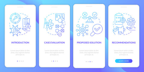 Fototapeta premium Case drafting blue gradient onboarding mobile app screen. Studying plan walkthrough 4 steps graphic instructions with linear concepts. UI, UX, GUI template. Myriad Pro-Bold, Regular fonts used