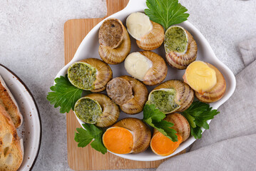 Baked snails Escargot with bread