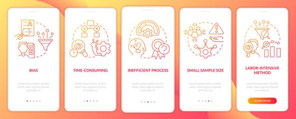 Disadvantages of case study red gradient onboarding mobile app screen. Issues walkthrough 5 steps graphic instructions with linear concepts. UI, UX, GUI template. Myriad Pro-Bold, Regular fonts used