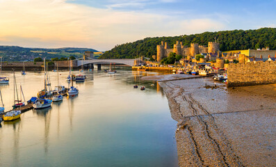 Conwy town, Wales, UK, panoramic view in the morning light - 532471146
