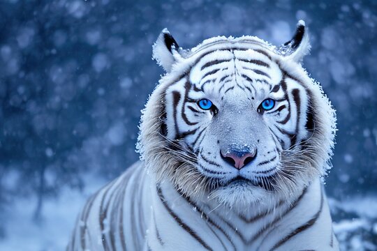 Close up of a big white tiger head. Bleached tiger of India in a snowy forest and winter background. 3D rendering.