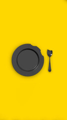 bitten black plate on a yellow background. Next to the plate is a black bitten spoon. Teeth marks. Food crisis. Famine. Table items. Vertical image. 3D image. 3D visualization.