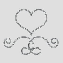 Rope decorative elements.  Heart frame line art concept. Rope tie border graphic design. Vector illustration