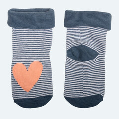striped gray socks with heart for baby isolated on white, front and back view