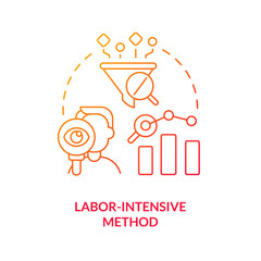 Labor intensive method red gradient concept icon. High working load. Disadvantage of case study abstract idea thin line illustration. Isolated outline drawing. Myriad Pro-Bold font used