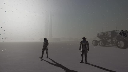 Astronauts covered in snow on Earth like alien planet. Extremely detailed and realistic 3D animation
