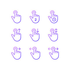 Obraz premium Touchscreen control gradient linear vector icons set. Device navigation gestures. Smartphone and tablet. Thin line contour symbol designs bundle. Isolated outline illustrations collection
