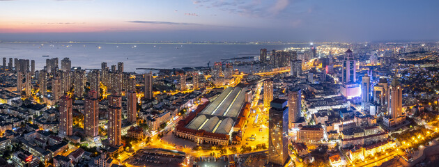Fototapeta premium Aerial photography of Qingdao coastline bay area scenery night scene