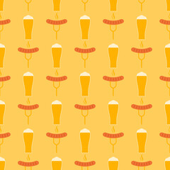 Seamless pattern with sausage and glass of beer. Glass of beer and sausage in retro color palette. Food concept in flat design. Design for print on wrapping paper, wallpaper. Vector illustration