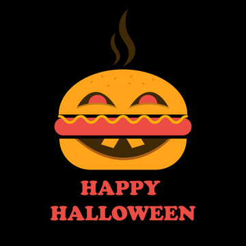 Halloween burger banner. Happy halloween text. Halloween poster with burger monster. Isolated icon hamburger orange color with scary face. Template for party invitation. Vector illustration