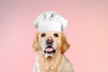Dog in a chef's hat for restaurant, pet cafe concept