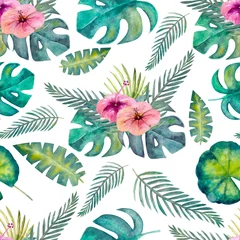 Fototapeten Seamless pattern with watercolor tropical leaves and flowers © Natika_art