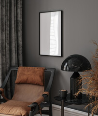Mockup poster frame in modern interior, grey room with brown decoration, 3d render