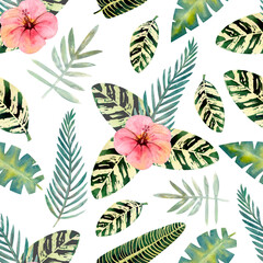 Seamless pattern with watercolor tropical leaves and flowers