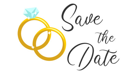 Save the date lettering with wedding rings. wedding rings on a white