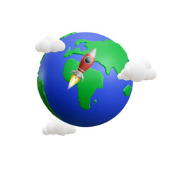 Realistic 3d planet Earth with clouds and flying rocket on white background. Vector illustration