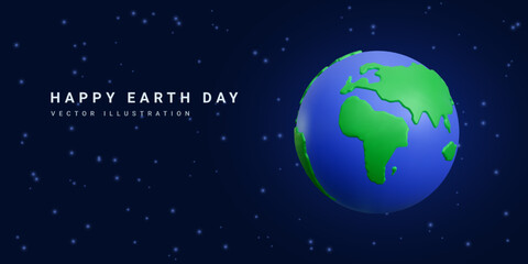 Naklejka premium Happy Earth Day concept banner in 3d realistic style on starry background. Cartoon planet Earth on space stars background. Vector illustration