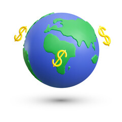 Realistic 3d planet Earth with dollars sign on white background. Vector illustration