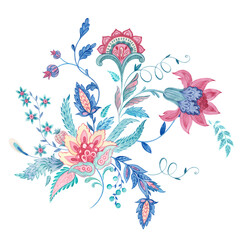 Fototapeta na wymiar Watercolor floral turkish buta pattern, flowers and leaves