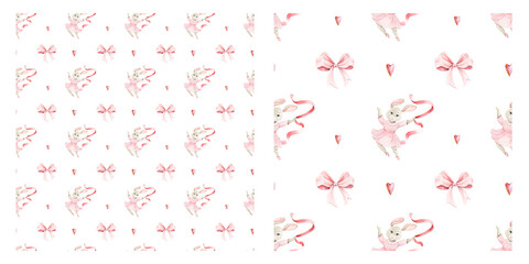 Watercolor Seamless pattern of cute bunnies. Girl and boy, blue and pink festive background. Children's background with animals. Sleeping bunny. Backgrounds for children's party, cards, textiles, clot