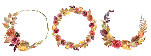 Autumn watercolor wreaths of roses, spring foliage, twigs and berries.  Orange floral clipart.  Frames, wreaths and bouquets for postcards, wedding invitations, stickers.  autumn flowers, thanksgiving