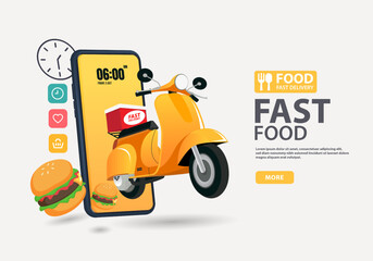 Trendy minimalistic food delivery service or online food order application banner design template with smartphone screen and delivery scooter or it. Vector illustration