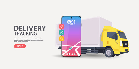 Online order tracking or freight delivery service transportation vector, flat cartoon truck automobile with warehouse parcel packages and cell phone or phone city map pin track