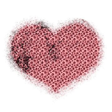 Leopard Print Pattern Hand Drawn Brush Stroke In Heart Shape . Abstract Paint Spot With Wild Animal Cheetah Skin Pattern Texture. Rose Gold PNG Element On Transparent Background