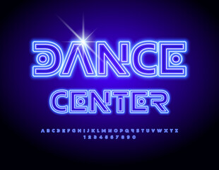 Vector creative sign Dance Center. Blue Glowing Font. Artistic Alphabet Letters and Numbers set