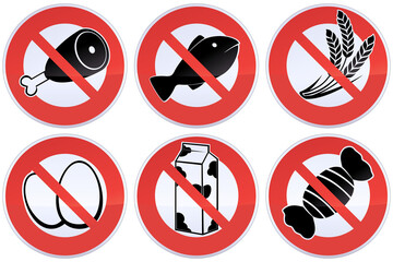 Collection of circular red and white prohibition signs with the crossed out symbol of a food prohibition such as meat, fish, cereals, eggs, milk or sweets (metal reflection)