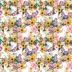 Beautiful bouquet fall autumn pumpkin squash blooming wild flowers ,leaves ,berries in the holiday season seamless pattern design