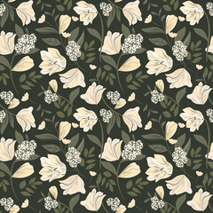 Seamless pattern of magnolia drawn with watercolor.For the design of the wallpaper or fabric, vintage style.Blooming flower painting for summer.Botany background.