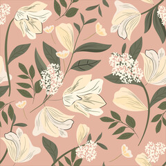 Seamless pattern of magnolia drawn with watercolor.For the design of the wallpaper or fabric, vintage style.Blooming flower painting for summer.Botany background.