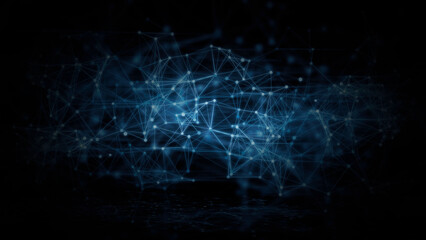 Abstract futuristic technology with polygonal shapes on a dark blue background, Design digital technology concept, A wave of dots and weave lines, and Network connection structure.3d illustration