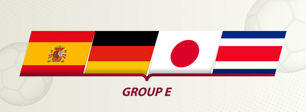 Group E participants of soccer competition on abstract football background.