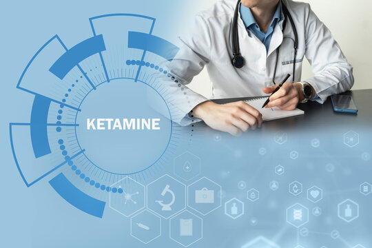 A doctor in a uniform writes a prescription on a white blue background with the inscription Ketamine