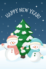 New Year's card with cute snowmen in hats, a Christmas tree and snowflakes. Vector illustration.