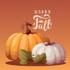 Square Autumn card with colorful pumpkins. Autumn, harvest, thanksgiving day concept. Vector illustration. Card, cover, postcard.